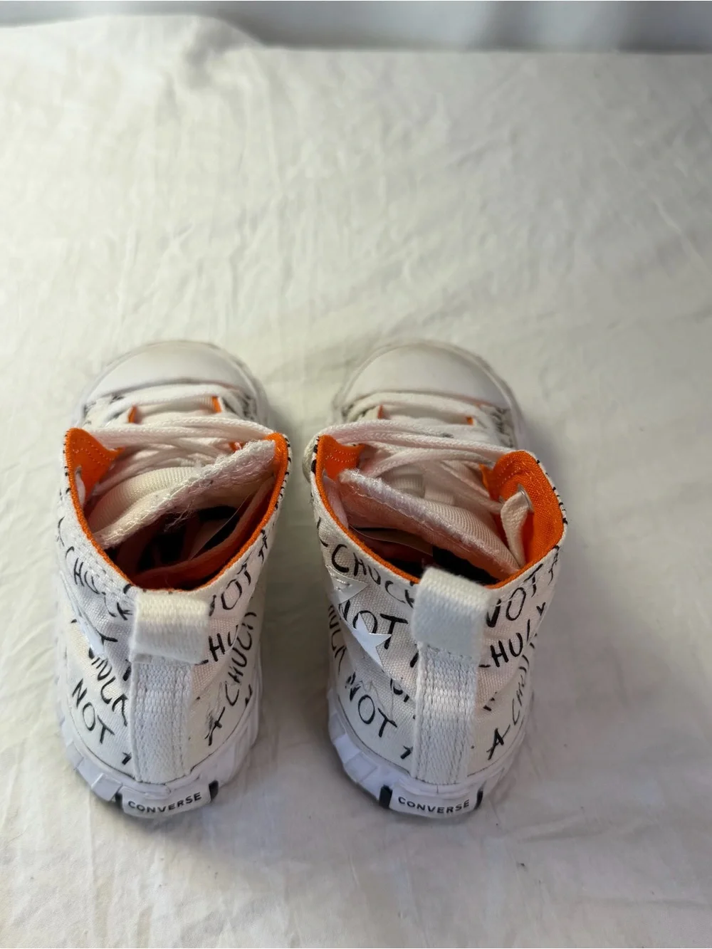 Converse High-Top Toddler sz 8 White & Orange Sneakers - 'Not a Chuck' Graphic